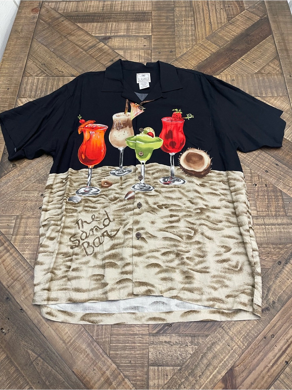 Luau "The Sand Bar" Hawaiian Shirt Black Sand Cocktail Graphic